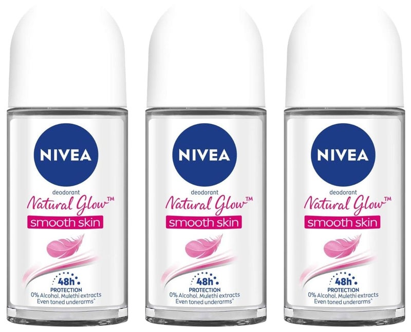Nivea مزيل العرق رول أون نيفيا للتوهج الطبيعي للبشرة الناعمة للنساء 50 مل عبوة تبييض البشرة الناعمة من 3 قطع - Image 1