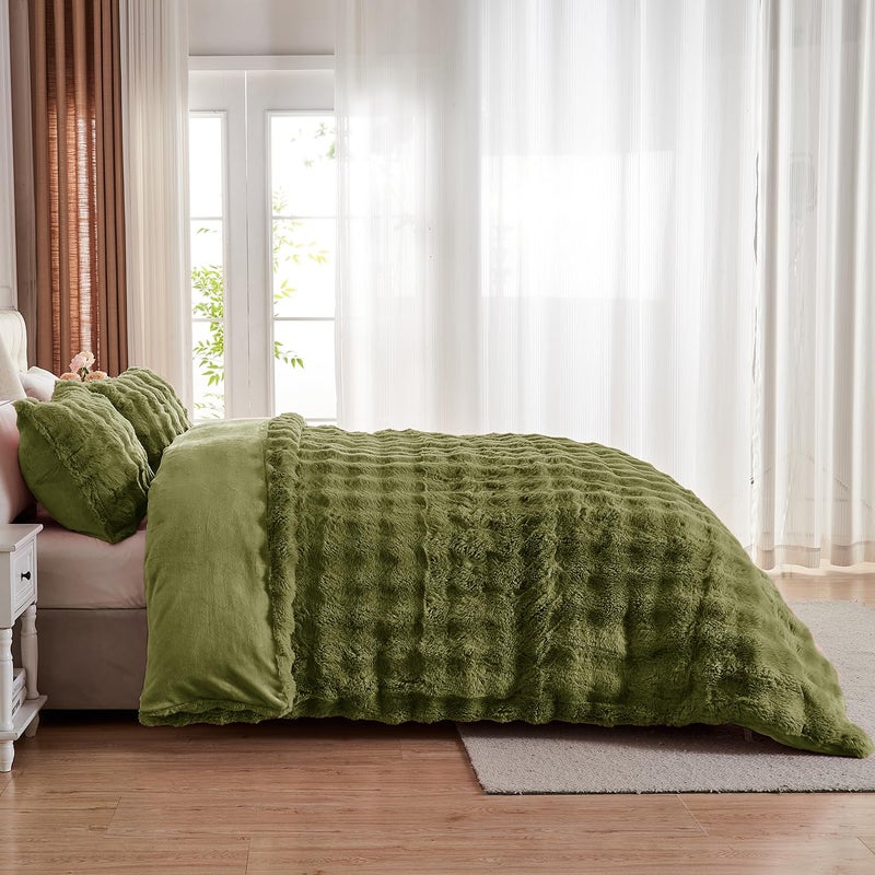 Lotus Karen Lotus Karen Fluffy Comforter Cover Set-Rabbit Fluff Faux Fur Duvet Cover Queen Size Dark Green Plush Fuzzy Furry Bedding Sets 3Pieces(1 Duvet Cover & 2 Pillow Shams) Zipper Closure  - Image 3