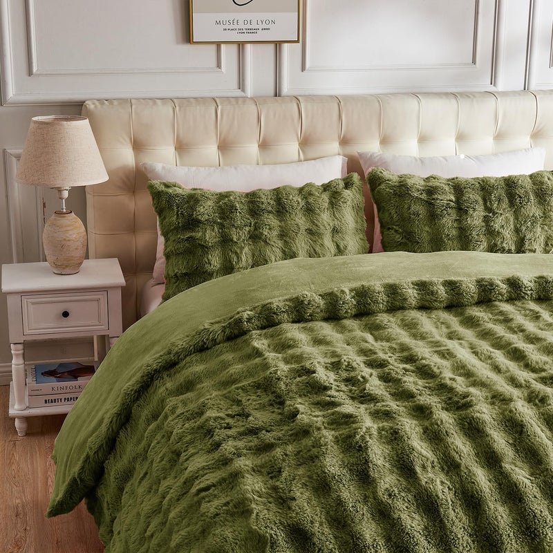 Lotus Karen Lotus Karen Fluffy Comforter Cover Set-Rabbit Fluff Faux Fur Duvet Cover Queen Size Dark Green Plush Fuzzy Furry Bedding Sets 3Pieces(1 Duvet Cover & 2 Pillow Shams) Zipper Closure  - Image 2