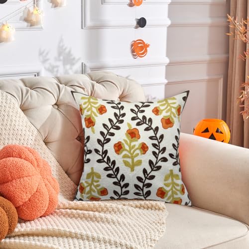 Alysheer Floral Embroidered Fall Decorative Throw Pillow Cover 18x 18 Farmhouse Cottage Orange Flowers Brown Leaves Knit Pattern Cotton Canvas Cushion Case for Sofa Couch Bed Living Room Decor - Image 3