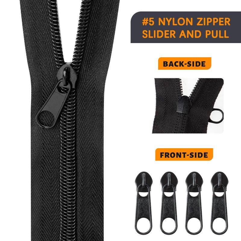 AUGHOA 10 Yards Nylon Coil Zippers by The Yards, #5 Bulk Zippers with 20 Pcs Zipper Sliders, Zipper Replacement for DIY Sewing Craft Bags, Black - Image 2
