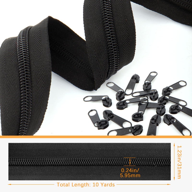 AUGHOA 10 Yards Nylon Coil Zippers by The Yards, #5 Bulk Zippers with 20 Pcs Zipper Sliders, Zipper Replacement for DIY Sewing Craft Bags, Black - Image 3