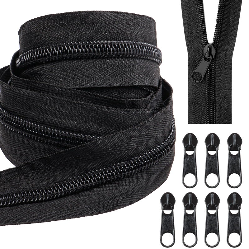 AUGHOA 10 Yards Nylon Coil Zippers by The Yards, #5 Bulk Zippers with 20 Pcs Zipper Sliders, Zipper Replacement for DIY Sewing Craft Bags, Black - Image 1