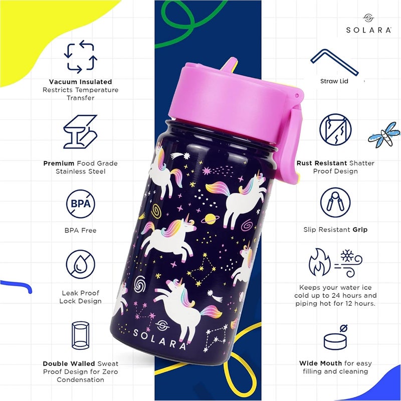 SOLARA Amazi Kids Insulated Water Bottle for Kids 450ml, Kids Water Bottle, Sipper Bottle for Kids, Thermosteel Kids Bottles, Stainless Steel Water Bottles for Kids, Straw Bottle for Kids, Unicorn - Image 3