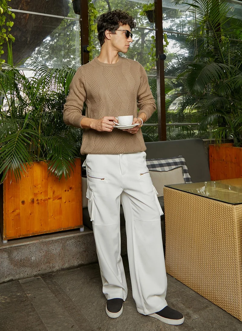 CAHOOT  Men's Ash Brown Basket-Knit Pullover Sweater for Men | Best Price UAE