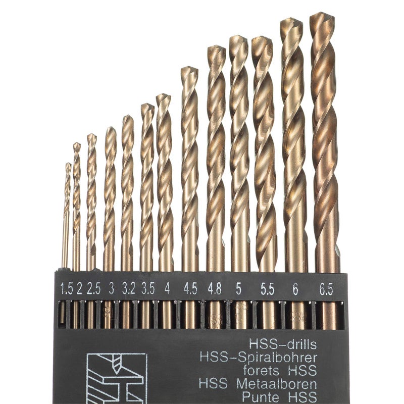 HPMAISON 13pcs HSS Twist Drill Bit Set Metric M35 Cobalt Steel High Speed Steel Titanium Coated Drill Bit 1.5mm-6.5mm Extremely Heat Resistant with Straight Shank for Drilling Wood Metal Steel Plastic - Image 1
