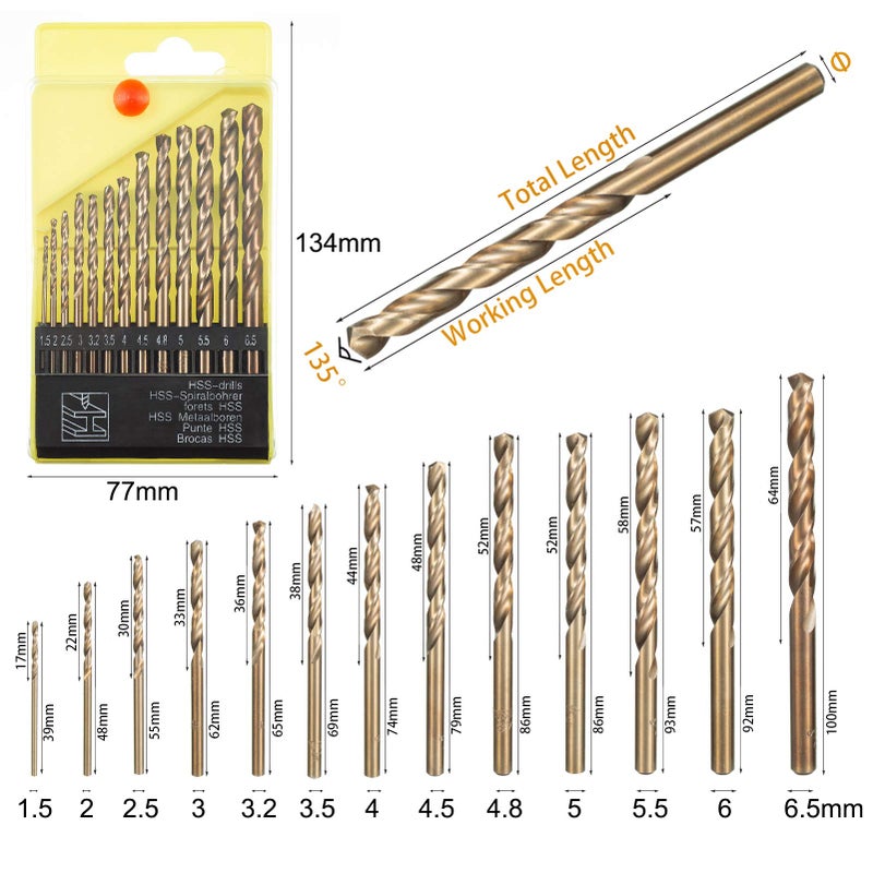 HPMAISON 13pcs HSS Twist Drill Bit Set Metric M35 Cobalt Steel High Speed Steel Titanium Coated Drill Bit 1.5mm-6.5mm Extremely Heat Resistant with Straight Shank for Drilling Wood Metal Steel Plastic - Image 2