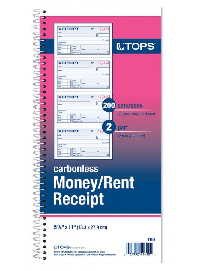 TOPS دفتر إيصالات الأموال/الإيجار TOPS، 2 جزء، بدون كربون، 11 × 5.25 بوصة، 4 إيصالات/صفحة، 200 مجموعة لكل دفتر (4161)، أبيض - Image 1