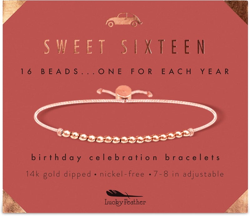 Lucky Feather هدايا Sweet 16 للفتيات | فكرة هدية سوار عيد الميلاد السادس عشر لفتاة تبلغ من العمر 16 عامًا | هدايا للفتيات في سن 16 على حبل قابل للتعديل | هدايا عيد الميلاد السادس عشر للفتيات | فضي، ذهبي، مطلي بالذهب الوردي - Image 1