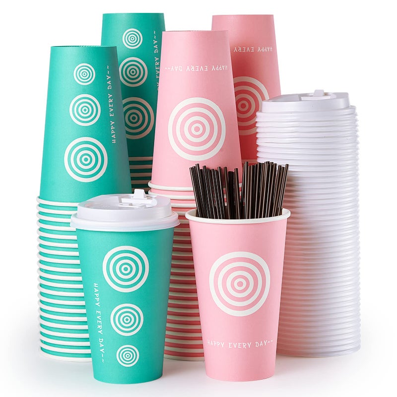 JollyPack 16 oz 100 Pack Paper Coffee Cups with Lids and Stirrers in Pink and Green Great for Coffee Juice Tea Home Use Store and Cafe