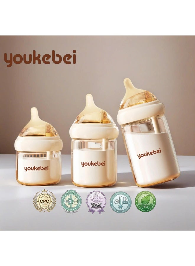 Youkebei 160ML Glass Baby Bottle Patented Anti-Colic Tube High Borosilicate Breast-Like Nipple BPA-Free - Image 1