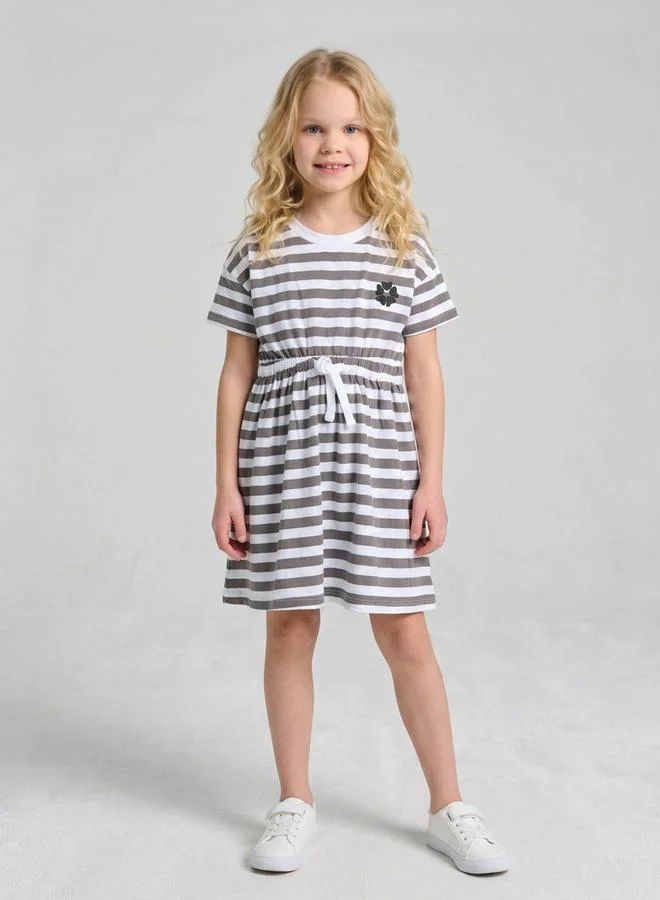 Take Two Girls Grey Striped Tie-Up Details Knee-Length Dress By Juniorloom
