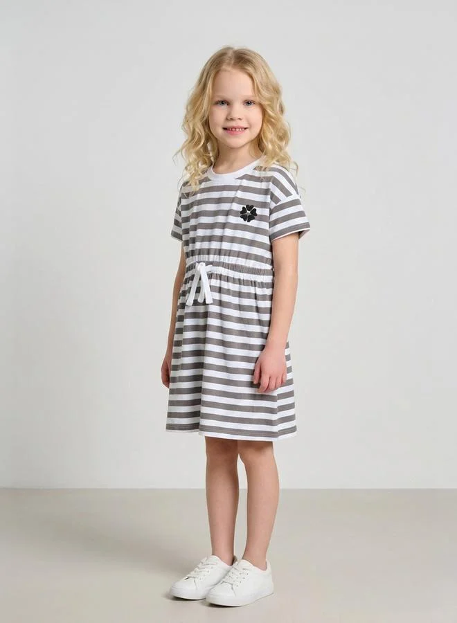 Take Two Girls Grey Striped Tie-Up Details Knee-Length Dress By Juniorloom