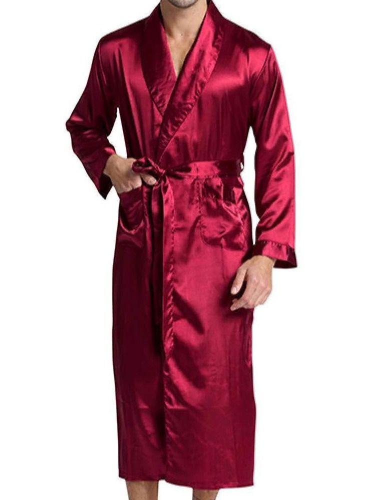 MARGOUN Men's Dressing Gown Kimono Robe Lightweight Silk Long Sleeved Home Sleepwear Loungewear Red Large (Length 47''/Chest 25'') - Image 1
