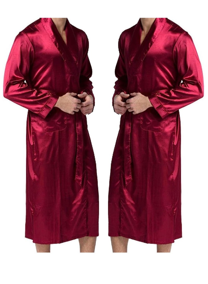 MARGOUN Men's Dressing Gown Kimono Robe Lightweight Silk Long Sleeved Home Sleepwear Loungewear Red Large (Length 47''/Chest 25'') - Image 4