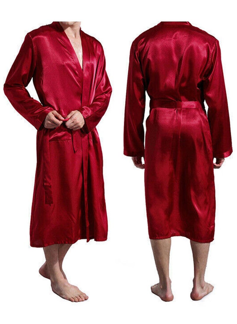 MARGOUN Men's Dressing Gown Kimono Robe Lightweight Silk Long Sleeved Home Sleepwear Loungewear Red Large (Length 47''/Chest 25'') - Image 3
