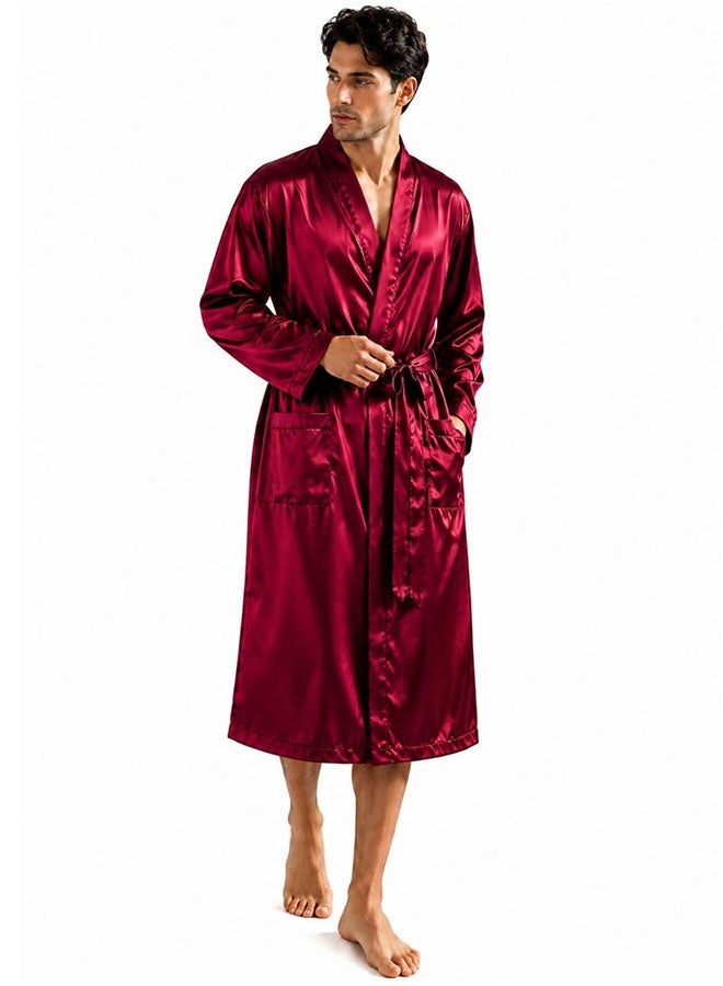 MARGOUN Men's Dressing Gown Kimono Robe Lightweight Silk Long Sleeved Home Sleepwear Loungewear Red Large (Length 47''/Chest 25'') - Image 2