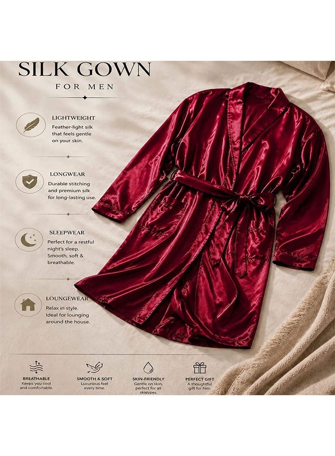 MARGOUN Men's Dressing Gown Kimono Robe Lightweight Silk Long Sleeved Home Sleepwear Loungewear Red Large (Length 47''/Chest 25'') - Image 3