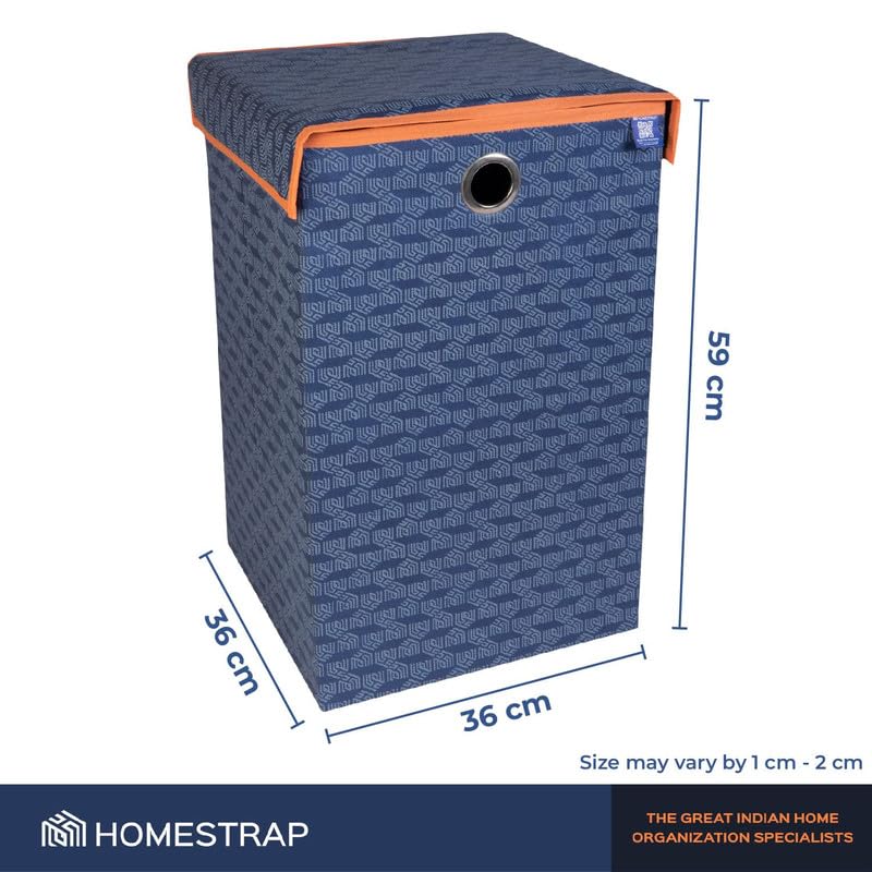 HomeStrap Non Woven Printed Foldable Laundry Bag/Bin Cum Basket With Lid And Handle Capacity- (75Ltr) (Navy Blue & Orange) Pack Of 2(Featured On Shark Tank) - Image 2
