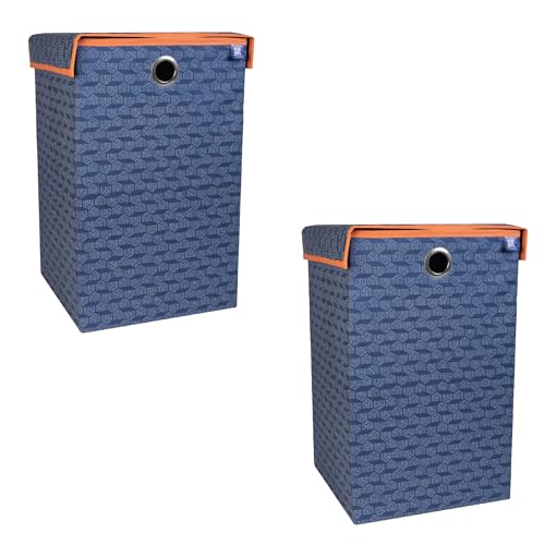 HomeStrap Non Woven Printed Foldable Laundry Bag/Bin Cum Basket With Lid And Handle Capacity- (75Ltr) (Navy Blue & Orange) Pack Of 2(Featured On Shark Tank) - Image 1