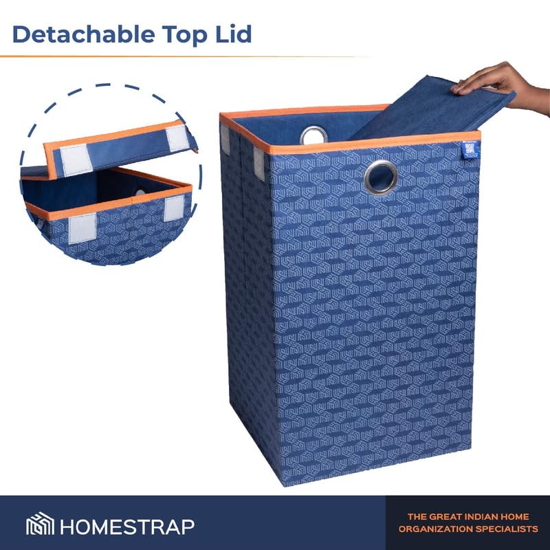 HomeStrap Non Woven Printed Foldable Laundry Bag/Bin Cum Basket With Lid And Handle Capacity- (75Ltr) (Navy Blue & Orange) Pack Of 2(Featured On Shark Tank) - Image 5