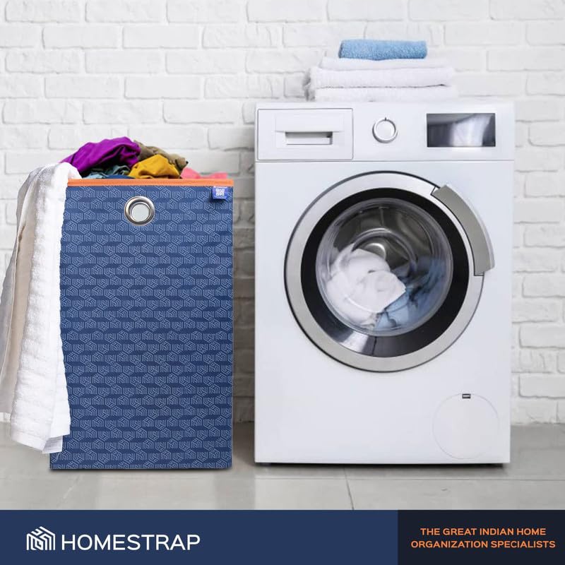 HomeStrap Non Woven Printed Foldable Laundry Bag/Bin Cum Basket With Lid And Handle Capacity- (75Ltr) (Navy Blue & Orange) Pack Of 2(Featured On Shark Tank) - Image 3