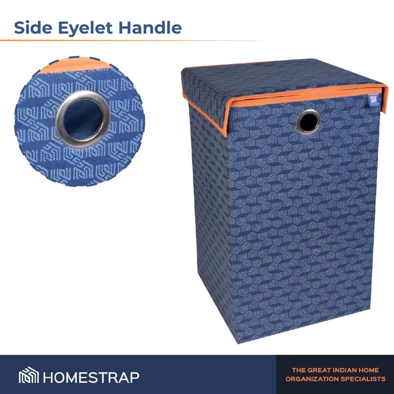 HomeStrap Non Woven Printed Foldable Laundry Bag/Bin Cum Basket With Lid And Handle Capacity- (75Ltr) (Navy Blue & Orange) Pack Of 2(Featured On Shark Tank) - Image 4