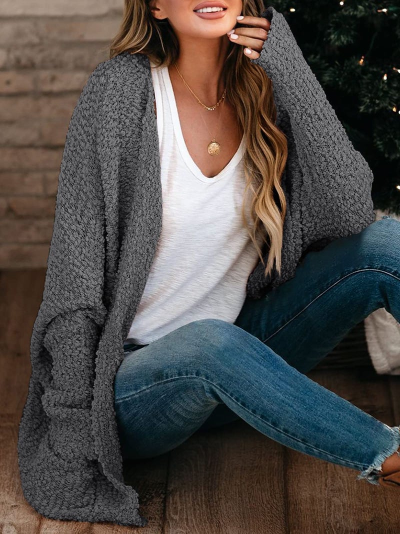 Saodimallsu Women's Oversized Open Front Fuzzy Cardigan Batwing Long Sleeve Fall Warm Popcorn Chunky Knit Sweaters Dark Grey - Image 2