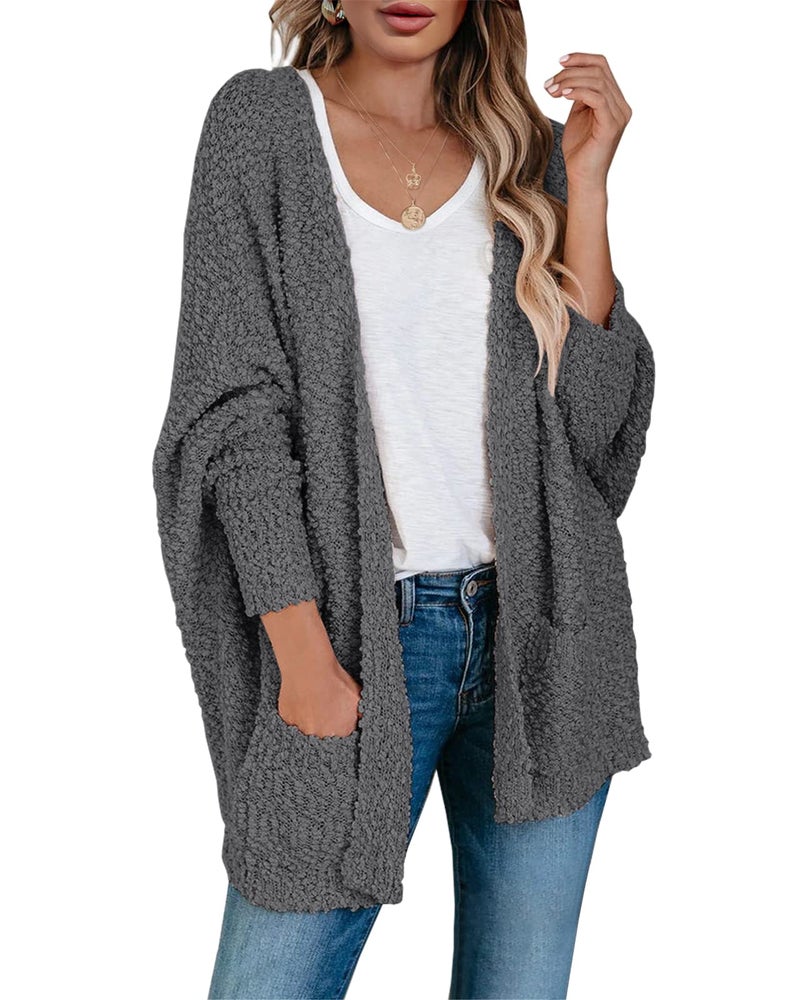 Saodimallsu Women's Oversized Open Front Fuzzy Cardigan Batwing Long Sleeve Fall Warm Popcorn Chunky Knit Sweaters Dark Grey - Image 1