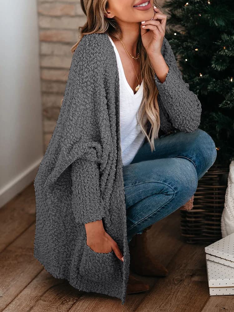Saodimallsu Women's Oversized Open Front Fuzzy Cardigan Batwing Long Sleeve Fall Warm Popcorn Chunky Knit Sweaters Dark Grey - Image 3