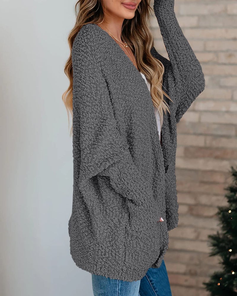 Saodimallsu Women's Oversized Open Front Fuzzy Cardigan Batwing Long Sleeve Fall Warm Popcorn Chunky Knit Sweaters Dark Grey - Image 5
