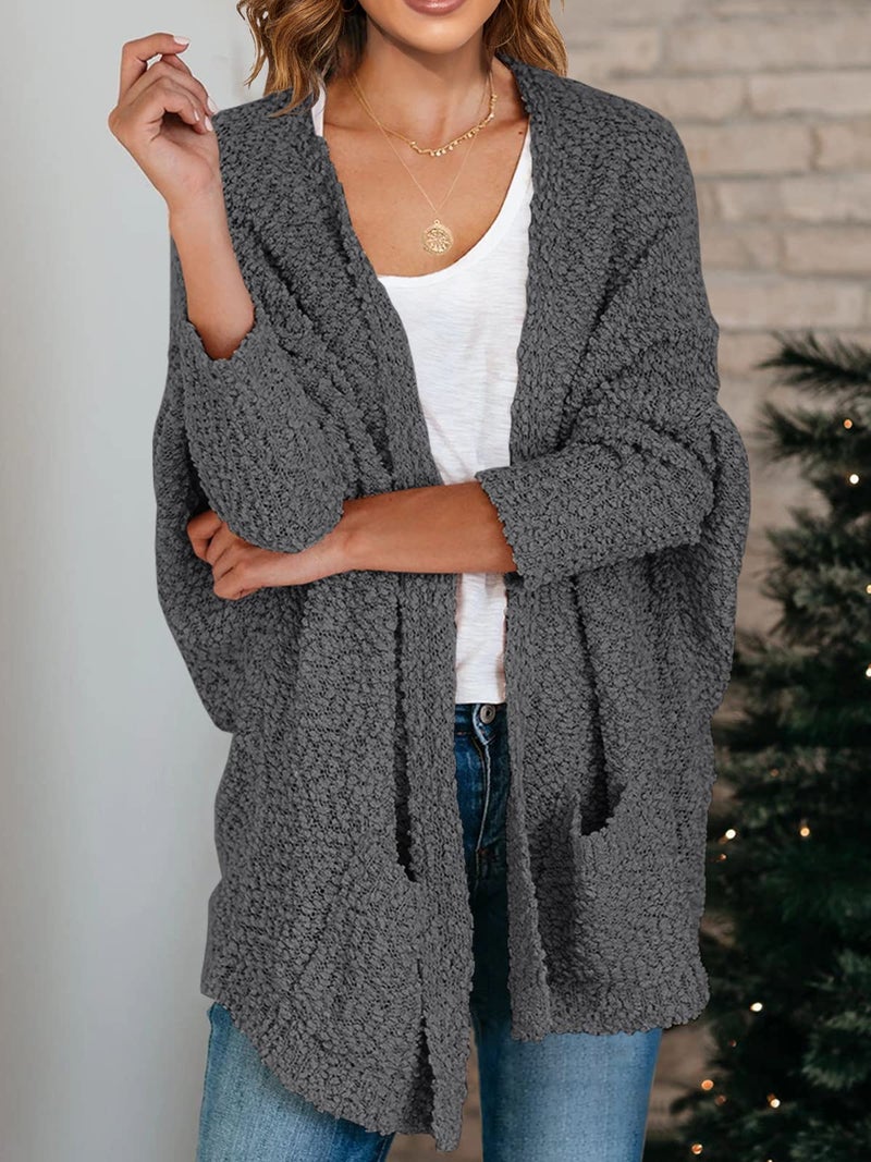 Saodimallsu Women's Oversized Open Front Fuzzy Cardigan Batwing Long Sleeve Fall Warm Popcorn Chunky Knit Sweaters Dark Grey - Image 4
