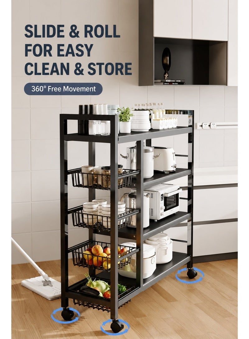 EXCLIFE 4-Tier Metal Storage Rack, Mobile Vegetable Cart with Wheels, 4-Tier Kitchen Organizer with Four Mesh Baskets, Dimensions: 135 x 80 x 32 cm - Image 4