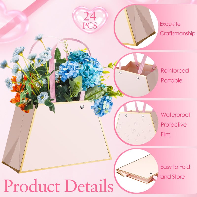 Noveread 24 Pcs Valentine's Day Floral Gift Bags Bulk Portable Bouquet Wrapping Paper Bag with Handle Waterproof Flower Florist Wrap Centerpiece Box for Women Anniversary Wedding Birthday(Light Pink) - Image 3