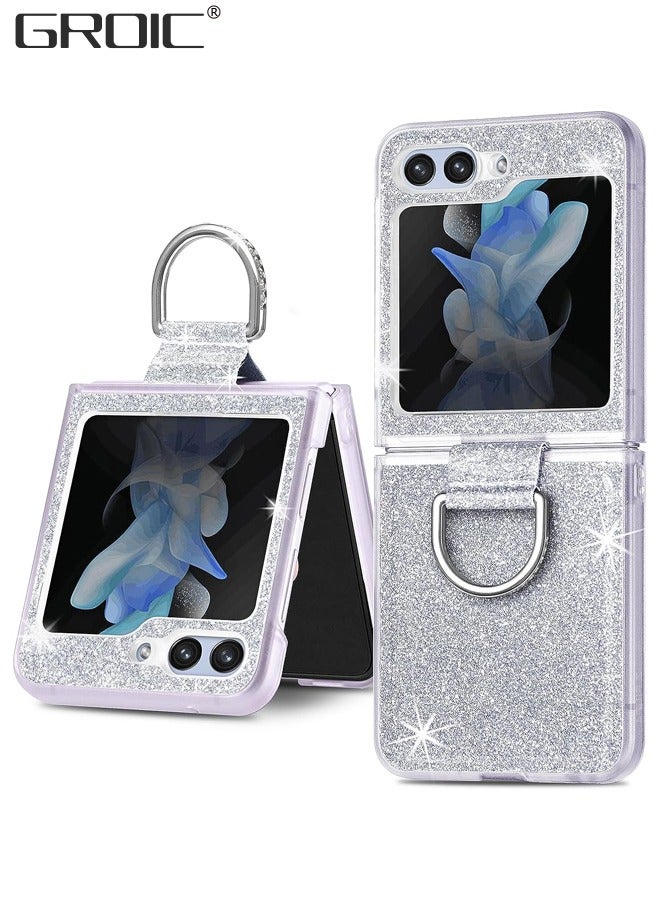 GROIC Case for Samsung Galaxy Z Flip 5 with Ring, Luxury Glitter Shiny PU Leather Phone Case Slim Thin Crystal Hard PC Anti-Scratch Shockproof Woman Protective Cover for Samsung Galaxy Z Flip 5 Sliver - Image 1