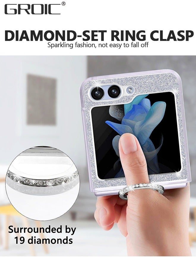 GROIC Case for Samsung Galaxy Z Flip 5 with Ring, Luxury Glitter Shiny PU Leather Phone Case Slim Thin Crystal Hard PC Anti-Scratch Shockproof Woman Protective Cover for Samsung Galaxy Z Flip 5 Sliver - Image 5