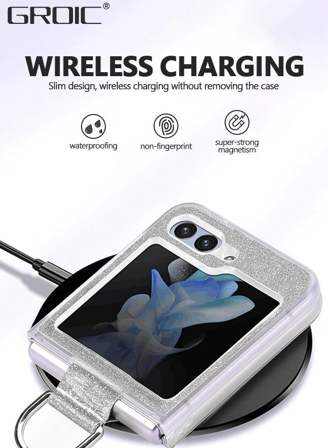 GROIC Case for Samsung Galaxy Z Flip 5 with Ring, Luxury Glitter Shiny PU Leather Phone Case Slim Thin Crystal Hard PC Anti-Scratch Shockproof Woman Protective Cover for Samsung Galaxy Z Flip 5 Sliver - Image 2