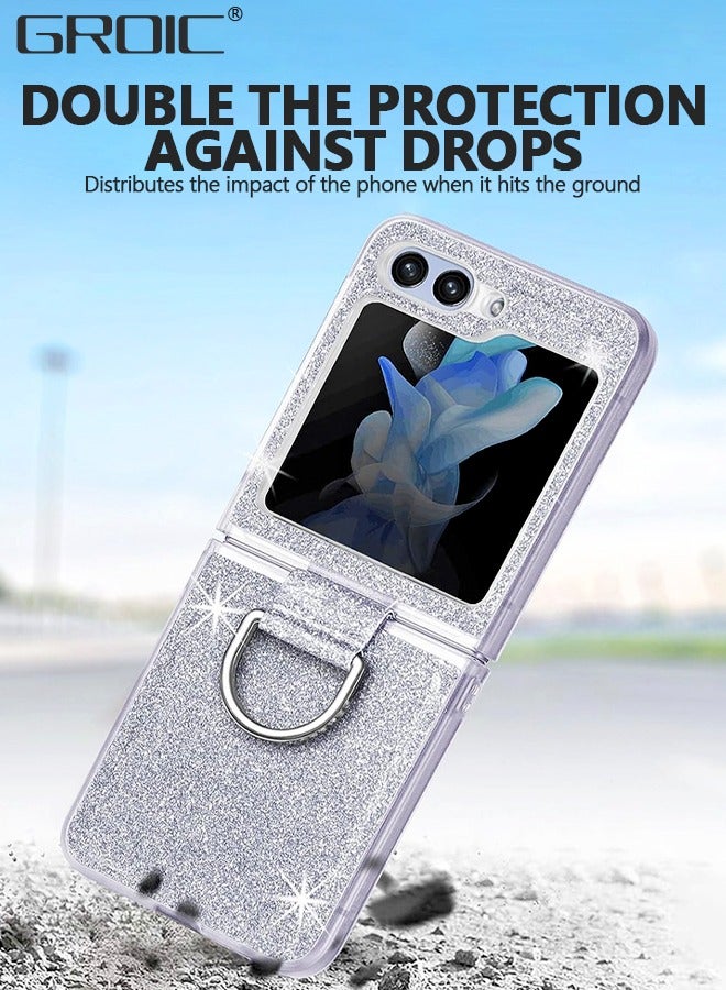 GROIC Case for Samsung Galaxy Z Flip 5 with Ring, Luxury Glitter Shiny PU Leather Phone Case Slim Thin Crystal Hard PC Anti-Scratch Shockproof Woman Protective Cover for Samsung Galaxy Z Flip 5 Sliver - Image 4