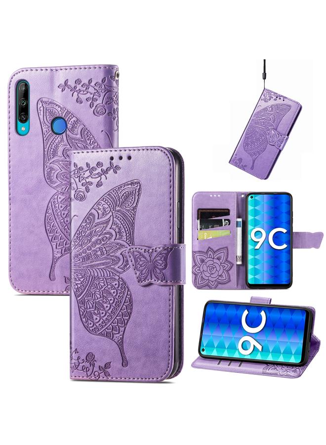 اس-توب جراب هاتف Honor 9C من الجلد المنقوش بنقشة زهور الحب على شكل فراشة - Image 1