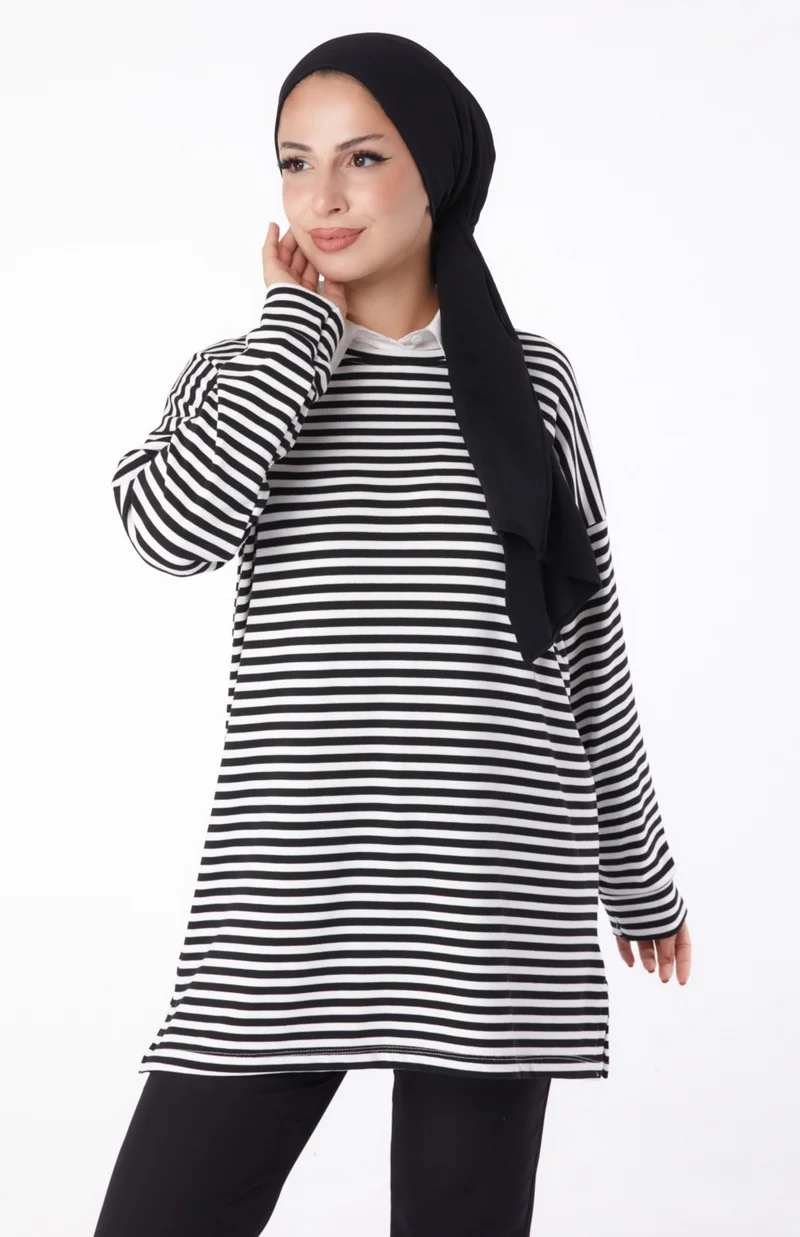 Tofisa Plain Crew Neck Women's Black Striped Sweat - 26246