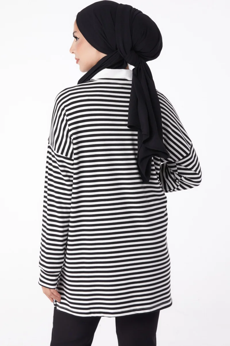 Tofisa Plain Crew Neck Women's Black Striped Sweat - 26246