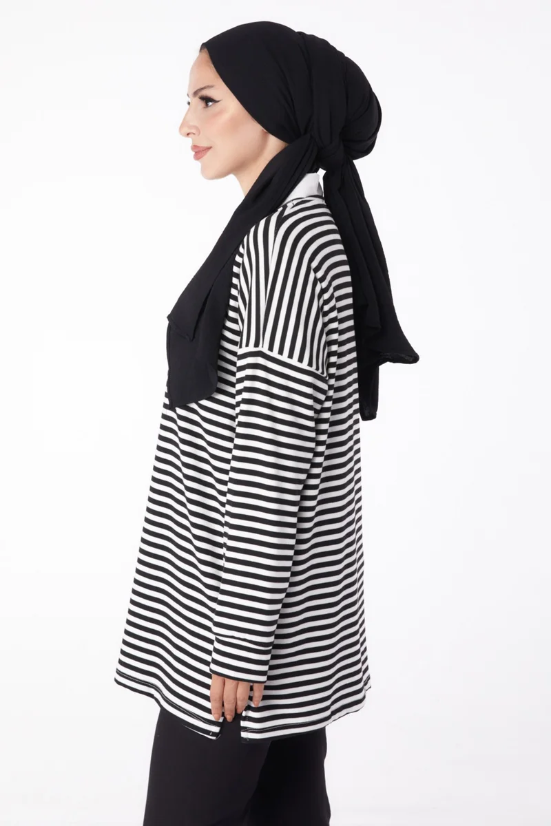 Tofisa Plain Crew Neck Women's Black Striped Sweat - 26246