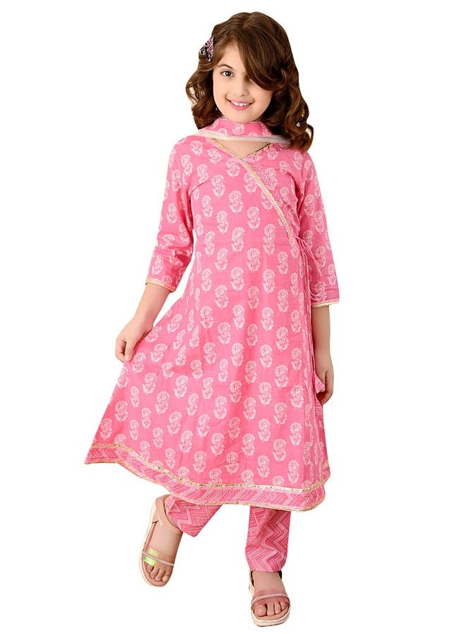 LILPICKS طقم قميص أنغراخا مزخرف بالزهور للفتيات مع دوباتا (وردي) (مقاس 7-8 سنوات) - Image 1