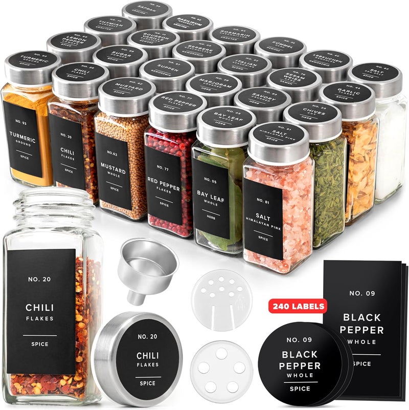 EDELHAUS Glass Spice Jars with Labels and Steel Lids (24 x 4oz) Spice Containers with 240 Label, Steel Funnel, Shaker Inserts, Empty Square Seasoning Organizer for Spice Rack, Cabinet, Drawer - Image 1