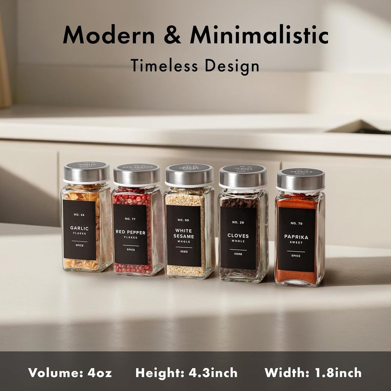 EDELHAUS Glass Spice Jars with Labels and Steel Lids (24 x 4oz) Spice Containers with 240 Label, Steel Funnel, Shaker Inserts, Empty Square Seasoning Organizer for Spice Rack, Cabinet, Drawer - Image 2