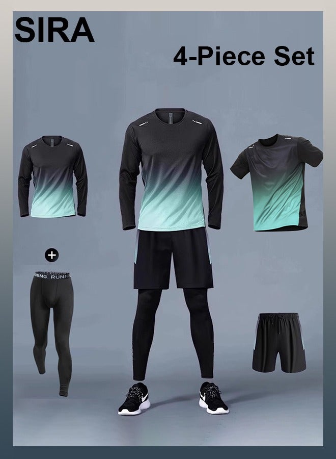 SIRA Men's 4-Piece Workout Set, Black-Green – Quick-Dry Top, Shirt, Pants & Shorts - Image 1