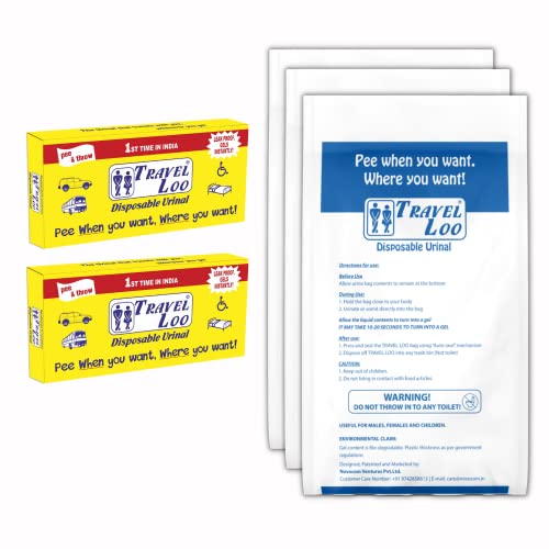 Travel Loo disposable urinal pouch for travel, bed ridden patients, kids, turns Urine, Vomit into Gel instantly | Leak proof and Odourless | 1200 ml Capacity, Pack of 12 bags - Image 1