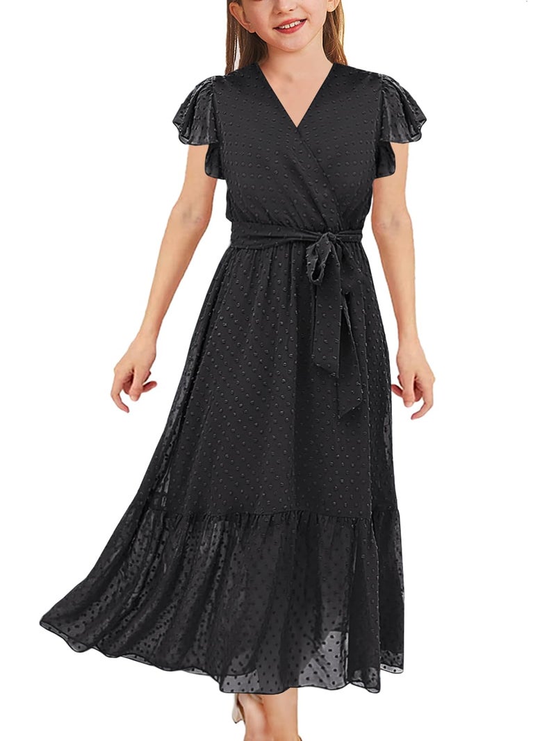 WIFFGO Girls Spring Dresses Bohemian Flying Cap Sleeve V Neck Belt Calf 2026 Long Maxi Pleated Flowy Dress for Girl Black - Image 1