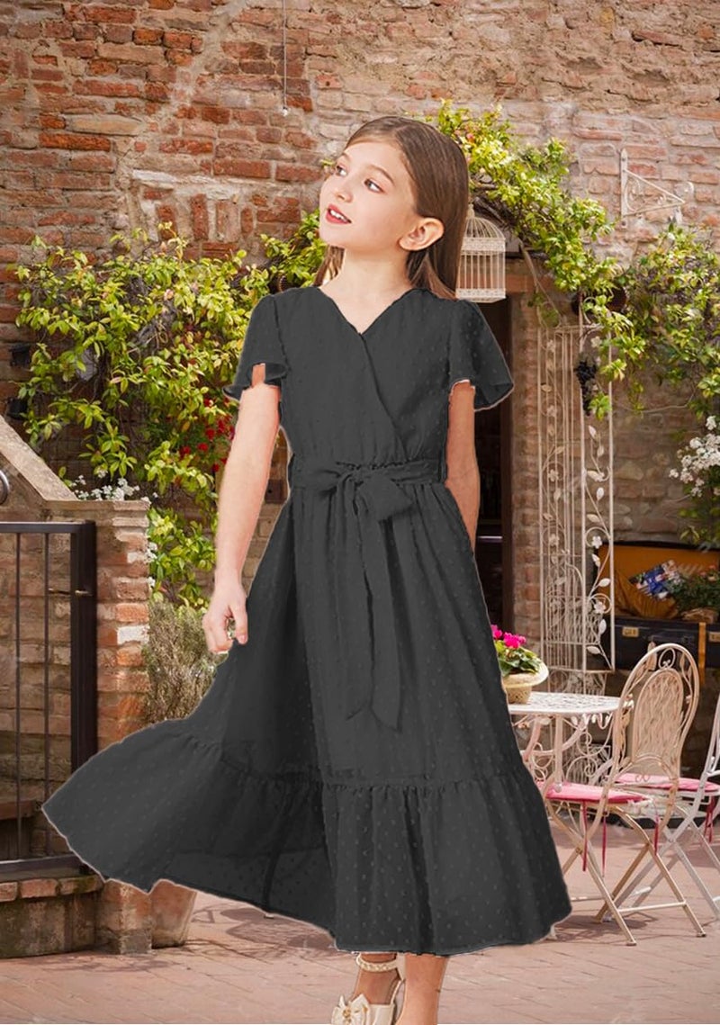 WIFFGO Girls Spring Dresses Bohemian Flying Cap Sleeve V Neck Belt Calf 2026 Long Maxi Pleated Flowy Dress for Girl Black - Image 4