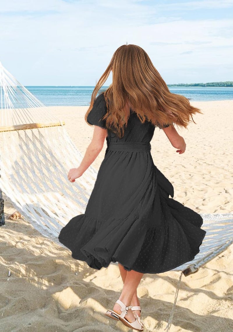 WIFFGO Girls Spring Dresses Bohemian Flying Cap Sleeve V Neck Belt Calf 2026 Long Maxi Pleated Flowy Dress for Girl Black - Image 5